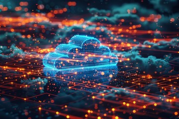 Obraz premium Modern Design Futuristic Cloud Computing Network - Connected Devices and Data - Trendy and Aesthetic Visual Technology Background . Beautiful simple AI generated image in 4K, unique.