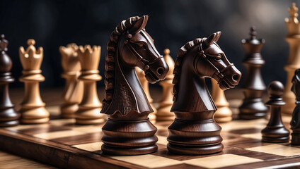 International chess day, a wooden knight chess piece on a chessboard with other chess pieces blurred in the background. The board features alternating dark and light squares with a glossy finish