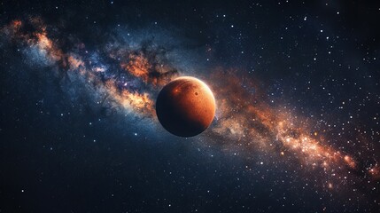 A breathtaking image of deep space featuring a vibrant galaxy stretching across the background and a large red planet situated prominently in the foreground.