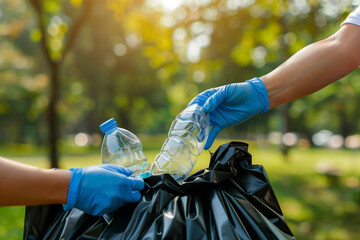Close-up of gloved hands picking up plastic bottles and placing them in a trash bag in a park setting. Shallow depth of field