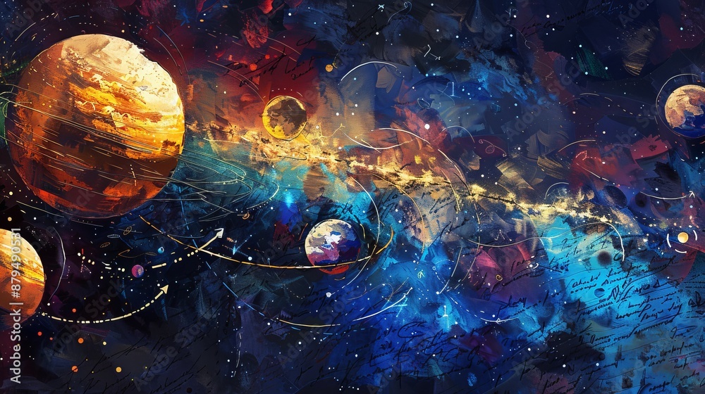 Wall mural a vivid and captivating scene showcasing an abstract depiction of space with various colorful planet