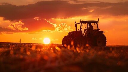 Fototapeta premium Silhouette of a Farmer Driving a Tractor During Harvest in the Countryside