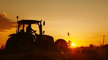 Fototapeta premium Silhouetted Farmer Steering Tractor During Harvest Season on Countryside Landscape
