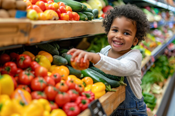 Smiling afro-american child reaching for fresh vegetables in a supermarket aisle, enjoying shopping for healthy food