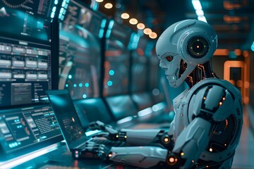 Fototapeta premium Robotic process automation (RPA) in business operations, showcasing automated tasks, data processing, and efficiency in a corporate setting. Illustrates the integration of robotics and AI in