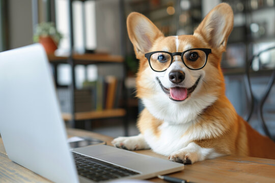 A cute corgi wearing glasses sits happily at a desk with a laptop, appearing to work or study