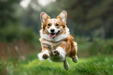 Cute corgi dog running joyfully on a green field
