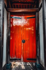 Vibrant Red Gate in a Traditional Wooden Setting