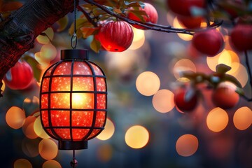 red lantern hanging on a tree ready for Chinese festivals