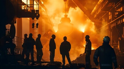 Fototapeta premium Silhouettes of Workers in a Steel Mill with Molten Metal