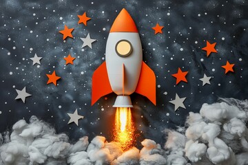 3d toy model of rocket launch into space, start up concept