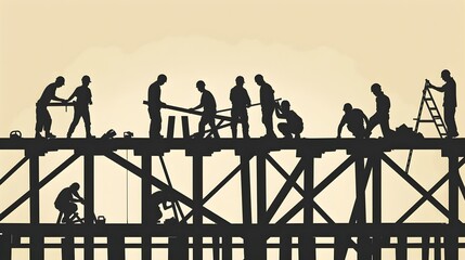 Silhouettes of Carpenters Constructing Wooden Frame in Industrial Workshop