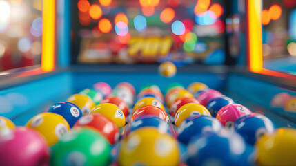 '' closeup of a bingo ball machine with numbered balls and a cheerful atmosphere in the background 