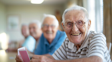 '' closeup of a group of elderly residents playing cards and laughing together in a nursing home 