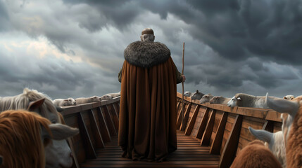 '' closeup of Noah on the Ark's deck surrounded by pairs of animals with stormy clouds clearing 