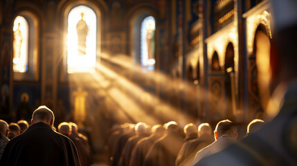 '' interior of an Orthodox church during a service with incense smoke rising and believers in prayer 