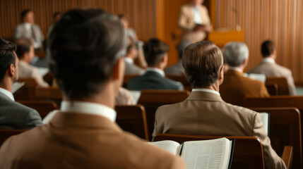 '' Jehovah's Witnesses teaching a Bible study class with participants engaged and open scriptures 