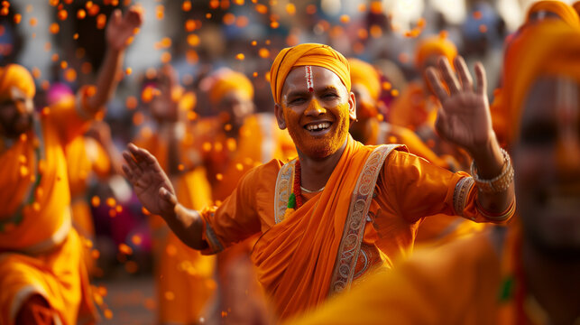 '' Hare Krishna devotees dancing in a joyful kirtan with vibrant colors and musical instruments 