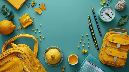 back to school concept school stationery,backpack on green background,image