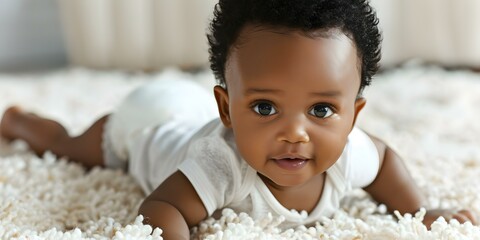 Curious black baby explores crawls on plush rug reaching milestones. Concept Exploring Baby, Milestones, Plush Rug, Curiosity, Black Baby