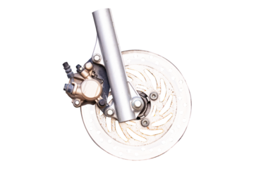 Single disc brake of motorcycle isolated on cut out PNG or transparent background. That is used to hold and brake wheels by squeezing them with brake pads system can provide stopping speed of vehicle.