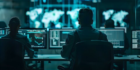 Analysts in cybersecurity center responding to cyber threats. Concept Cybersecurity Analysis, Threat Response, Security Incident Handling, Analyst Training, Digital Forensics