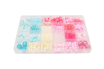 Bead box isolated on cut out PNG or transparent background. Various Bracelets colorful plastic beads made Cartoon style hand made. Variety of shapes and colors to make necklace or string for women DIY