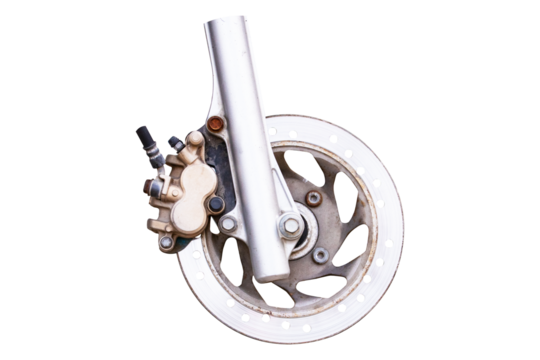 Single disc brake of motorcycle isolated on cut out PNG or transparent background. Used to hold and brake wheels by squeezing them with brake pads system can provide stopping speed of vehicle. - Powered by Adobe