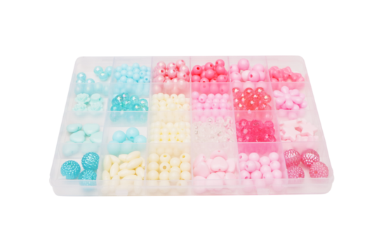 Bead box isolated on cut out PNG or transparent background. Various Bracelets colorful plastic beads made Cartoon style hand made. Variety of shapes and colors to make necklace or string for women DIY