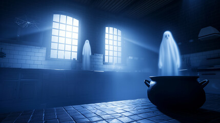 A dimly lit kitchen with ghostly apparitions floating above a cauldron, casting eerie shadows on the walls, spider webs in the corners 