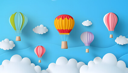 Naklejka premium Paper art style of colorful hot air balloons and cloud on blue sky. Vector illustration