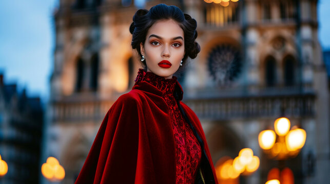 A model wearing a Victorian vampire outfit, including a red velvet cape and fangs, posing in front of a gothic cathedral at night 