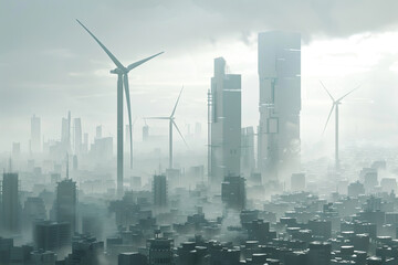 Obraz premium Generative ai on theme of wind power farm with rotation propellers, does not pollute environment