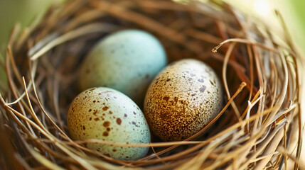 Fototapeta premium In natural nest, three quail or birds eggs, showcasing natures beauty, speckled white and brown eggshells, essence of animal life.