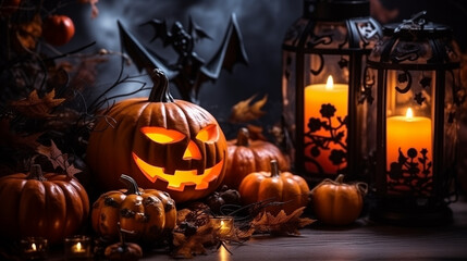 Obraz premium Autumn holidays. American traditions. Thanksgiving day. Thanksgiving decor. Pumpkins Autumn vibe. Coziness and candlelight. October November. Screensaver for phone. halloween