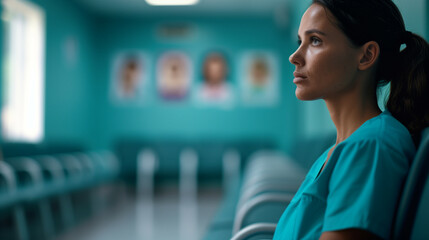 Fototapeta premium A woman sitting in a clinic waiting room, looking pensive, with supportive posters on the walls 