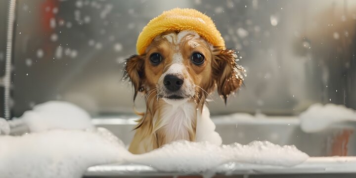 Pampering Pups Canine Companions Receive Sudsy Baths at Doggie Day Care. Concept Dog Grooming, Pet Care, Canine Spa, Pampered Pups, Bathing Beauties