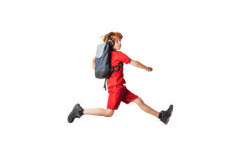 Happiness, childhood, freedom, movement and child. Back to school concept isolated on free png background.