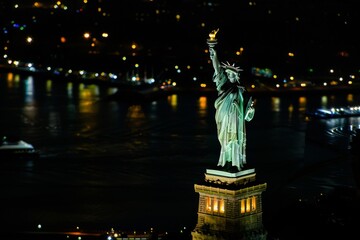 Fototapeta premium Statue of Liberty in New York at night - travel photography. Beautiful simple AI generated image in 4K, unique.