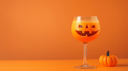 closeup of a cocktail shaped like a Halloween pumpkin, with a carved face, isolated on a gradient background 