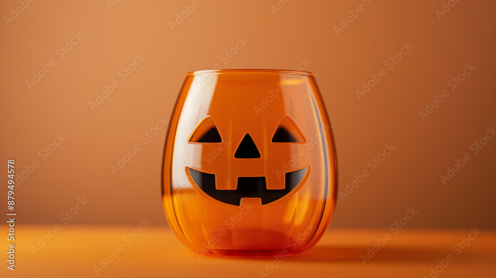 Wall mural closeup of a glass shaped like a Halloween pumpkin, orange with a carved face, isolated on a gradient background 