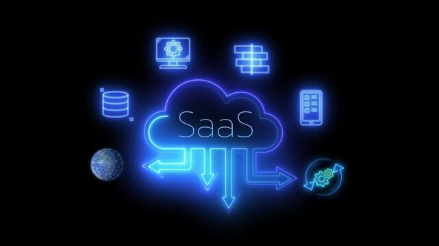 SaaS, software as a service concept for software services on cloud system. Internet and networking technology. Glowing neon line of SaaS icons isolated on transparent background.