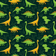 Seamless pattern of cute dinosaurs in Asian kawaii style. Tyrannosaurus rex, stegosaurus, triceratops, spinosaurus, ichthyosaur, diplodocus. Prehistoric predatory lizard for wrapping