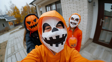 fish eye view trick or treat kids in halloween costumes in spookie face masks 