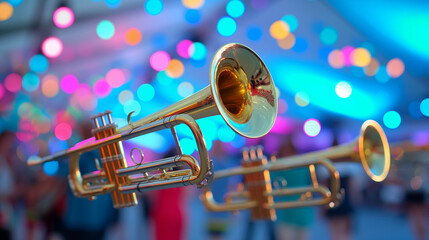 Fototapeta premium floating brass band instruments playing festive music at Octoberfest, with people dancing below, vibrant colors 
