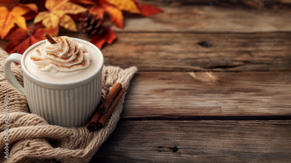 Wall mural ibrant pumpkin spice latte with whipped cream swirl cinnamon stick and autumn leaves backdrop on rustic wooden cafe table 