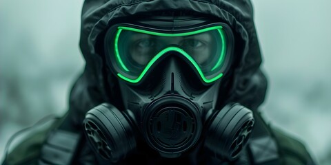 Postapocalyptic man in cybergoth style with gas mask and neon armor. Concept Futuristic Fashion, Cyberpunk Style, Neon Colors, Gas Mask Trend, Post-Apocalyptic Aesthetics