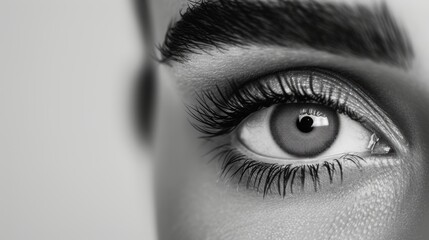 Fototapeta premium A monochrome image of a gray eye, captured with a minimalist aesthetic and plenty of copy space around the eye to highlight the central focus.