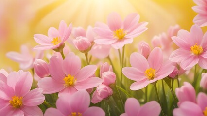 Fototapeta premium Spring or Summer nature background. spring pink flowers close up on an abstract light backdrop., Mother's Day, children's Day, women's Day, copy space, Abstract nature background