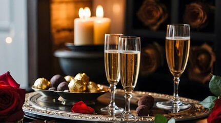 A table with champagne, roses, candles, chocolates